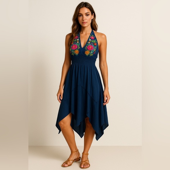 Handmade Navy Embroidered Halter Dress Boho Sharkbite Hem Festival Dress Small - Picture 2 of 10